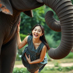 A beautiful Korean woman wearing a gray denim dress, laughing joyfully while hanging from the trunk of an elephant that is standing upright, curling its trunk into a circular shape