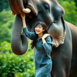 A beautiful Korean woman wearing a gray denim dress, laughing joyfully while hanging from the trunk of an elephant that is standing upright, curling its trunk into a circular shape