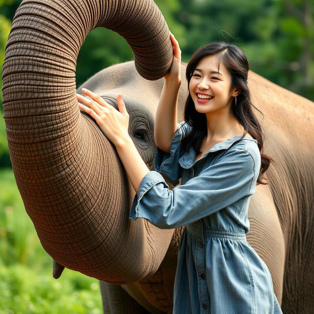 A beautiful Korean woman wearing a gray denim dress, laughing joyfully while hanging from the trunk of an elephant that is standing upright, curling its trunk into a circular shape