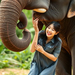 A beautiful Korean woman wearing a gray denim dress, laughing joyfully while hanging from the trunk of an elephant that is standing upright, curling its trunk into a circular shape
