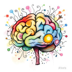 A whimsical and artistic representation of a brain in doodle style, created with watercolor techniques