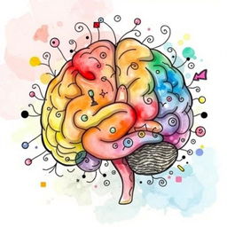 A whimsical and artistic representation of a brain in doodle style, created with watercolor techniques