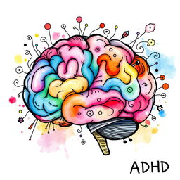 A whimsical and artistic representation of a brain in doodle style, created with watercolor techniques