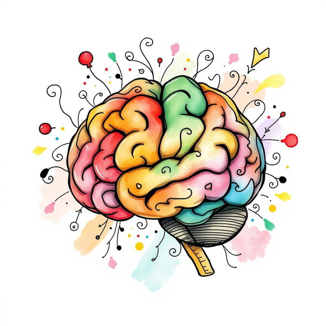 A whimsical and artistic representation of a brain in doodle style, created with watercolor techniques