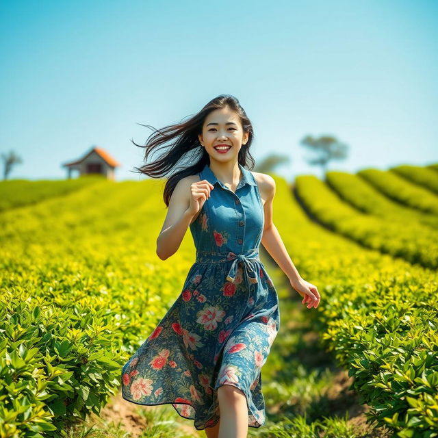 A beautiful Korean woman wearing a floral-patterned denim dress, running joyfully through a tea garden, facing the camera with a bright smile