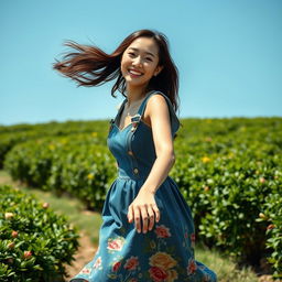 A beautiful Korean woman wearing a floral-patterned denim dress, running joyfully through a tea garden, facing the camera with a bright smile