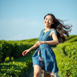 A beautiful Korean woman wearing a floral-patterned denim dress, running joyfully through a tea garden, facing the camera with a bright smile