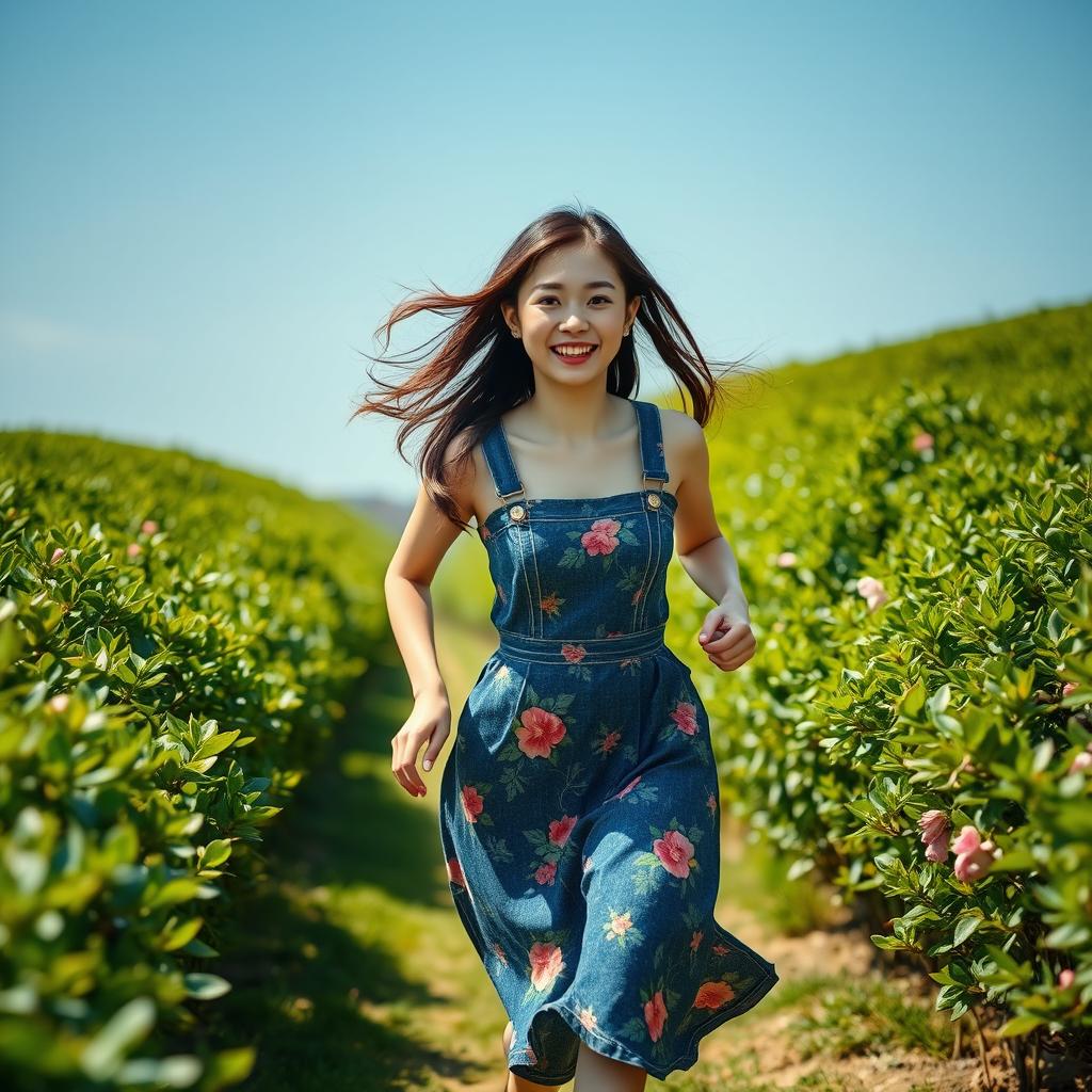 A beautiful Korean woman wearing a floral-patterned denim dress, running joyfully through a tea garden, facing the camera with a bright smile