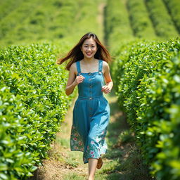 A beautiful Korean woman wearing a floral patterned denim dress, running through a tea garden with a bright smile, facing the camera, surrounded by lush green tea bushes, bright sunlight illuminating the scene, capturing a joyful and vibrant atmosphere, ultra HD realism