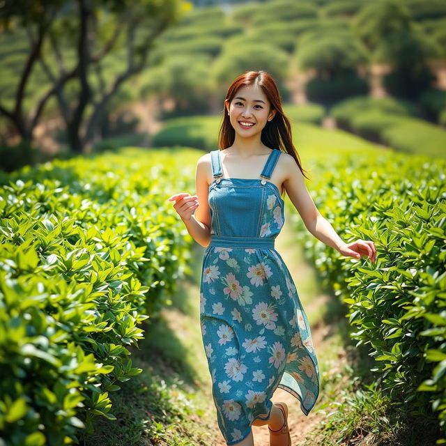 A beautiful Korean woman wearing a floral patterned denim dress, running through a tea garden with a bright smile, facing the camera, surrounded by lush green tea bushes, bright sunlight illuminating the scene, capturing a joyful and vibrant atmosphere, ultra HD realism