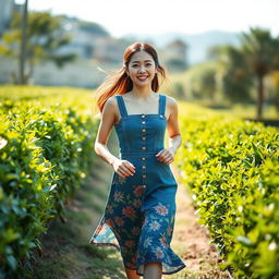 A beautiful Korean woman wearing a floral patterned denim dress, running through a tea garden with a bright smile, facing the camera, surrounded by lush green tea bushes, bright sunlight illuminating the scene, capturing a joyful and vibrant atmosphere, ultra HD realism