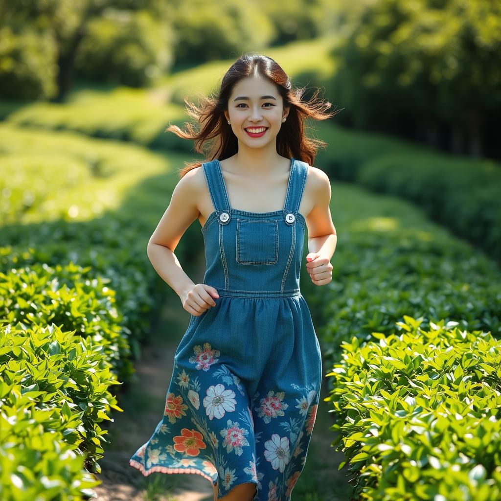 A beautiful Korean woman wearing a floral patterned denim dress, running through a tea garden with a bright smile, facing the camera, surrounded by lush green tea bushes, bright sunlight illuminating the scene, capturing a joyful and vibrant atmosphere, ultra HD realism