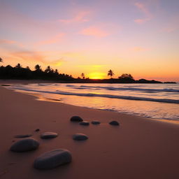 A serene and beautiful landscape featuring a tranquil beach at sunset, with soft waves gently lapping at the shore