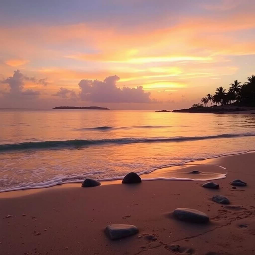 A serene and beautiful landscape featuring a tranquil beach at sunset, with soft waves gently lapping at the shore