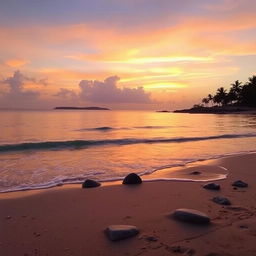 A serene and beautiful landscape featuring a tranquil beach at sunset, with soft waves gently lapping at the shore