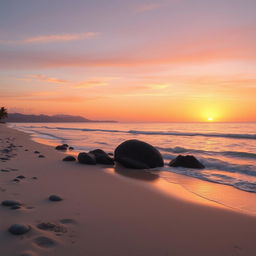 A serene and beautiful landscape featuring a tranquil beach at sunset, with soft waves gently lapping at the shore
