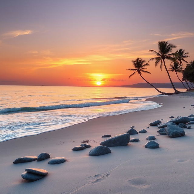 A serene and beautiful landscape featuring a tranquil beach at sunset, with soft waves gently lapping at the shore