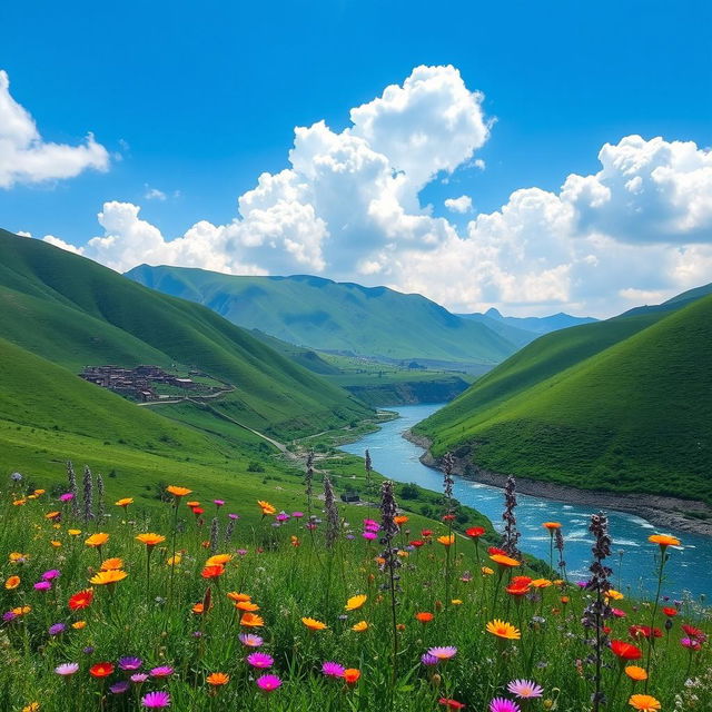 A beautiful serene landscape featuring the lush green hills of Balochistan, with traditional Baloch architecture such as mud-brick houses nestled among the hills