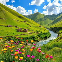 A beautiful serene landscape featuring the lush green hills of Balochistan, with traditional Baloch architecture such as mud-brick houses nestled among the hills