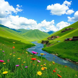 A beautiful serene landscape featuring the lush green hills of Balochistan, with traditional Baloch architecture such as mud-brick houses nestled among the hills