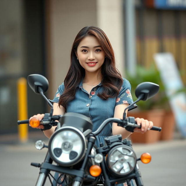 A beautiful Korean woman wearing a floral patterned denim dress, confidently holding a mini Ninja motorcycle