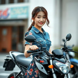 A beautiful Korean woman wearing a floral patterned denim dress, confidently holding a mini Ninja motorcycle
