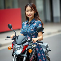 A beautiful Korean woman wearing a floral patterned denim dress, confidently holding a mini Ninja motorcycle