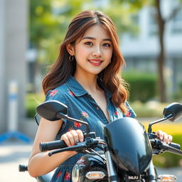 A beautiful Korean woman wearing a floral patterned denim dress, confidently holding a mini Ninja motorcycle