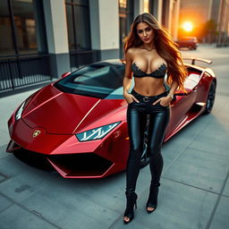 A glamorous woman posing next to a sleek Lamborghini, dressed in stylish, high-fashion attire