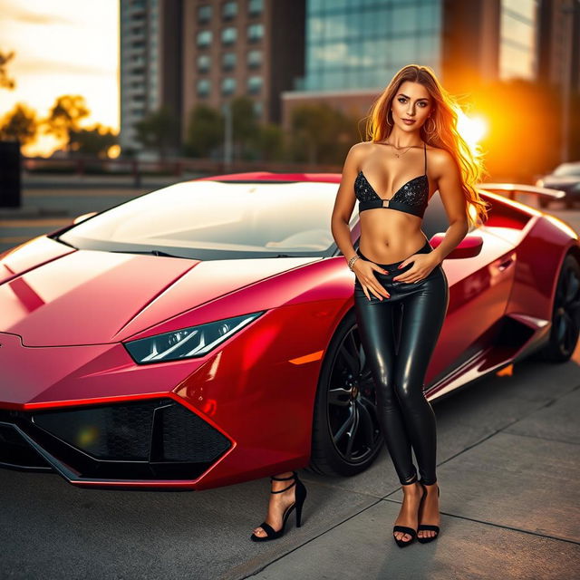 A glamorous woman posing next to a sleek Lamborghini, dressed in stylish, high-fashion attire