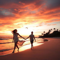 A romantic sunset beach scene featuring a young couple walking hand in hand on the sandy shore