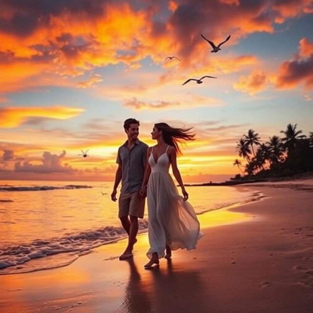 A romantic sunset beach scene featuring a young couple walking hand in hand on the sandy shore