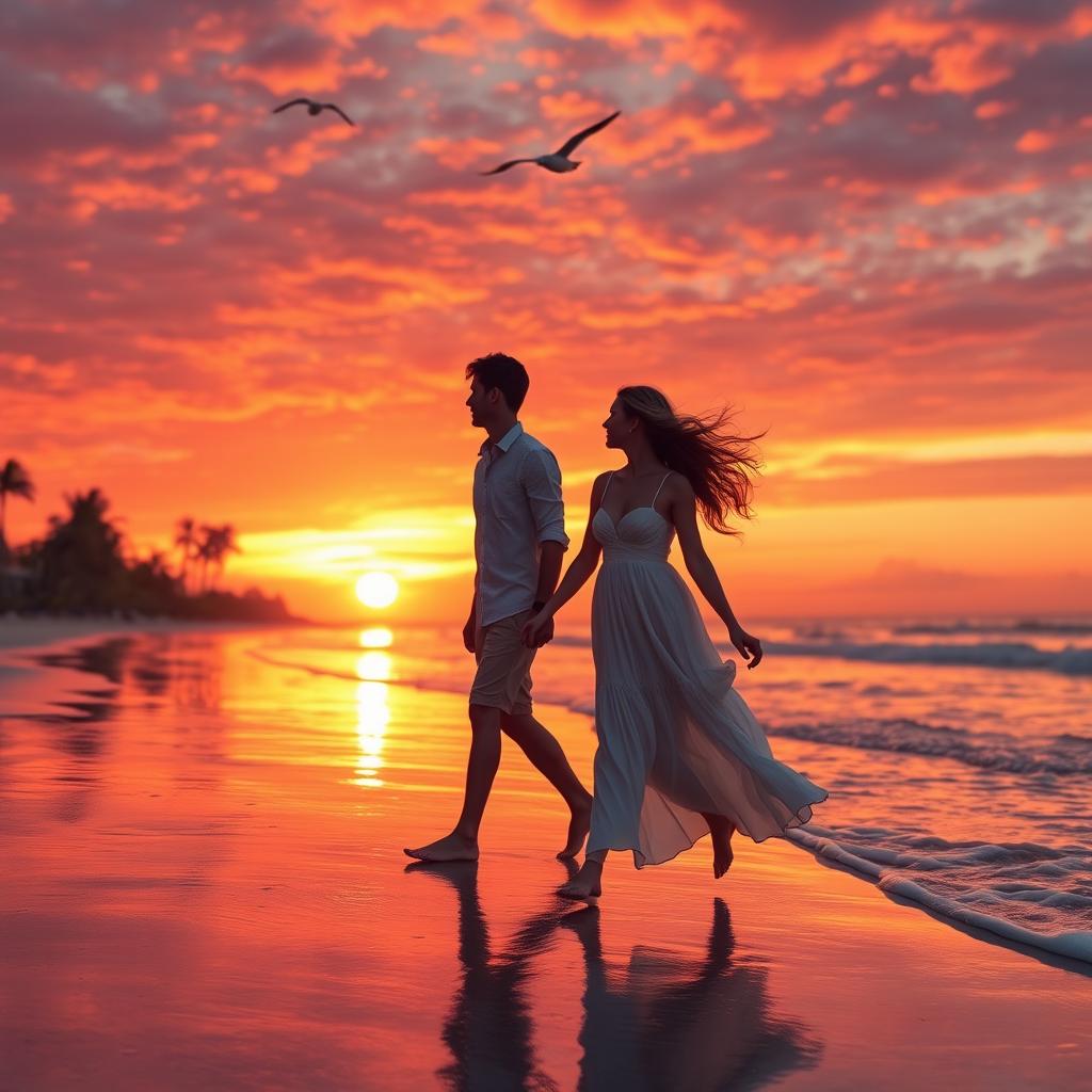 A romantic sunset beach scene featuring a young couple walking hand in hand on the sandy shore