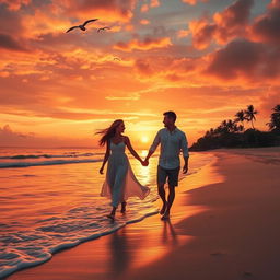 A romantic sunset beach scene featuring a young couple walking hand in hand on the sandy shore