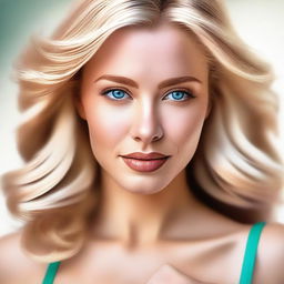 A high-quality digital art portrait of a beautiful woman with blonde hair and a busty figure