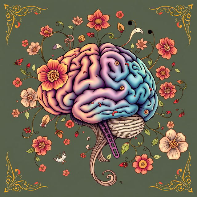 An intricate Art Nouveau style illustration of a brain that creatively symbolizes ADHD