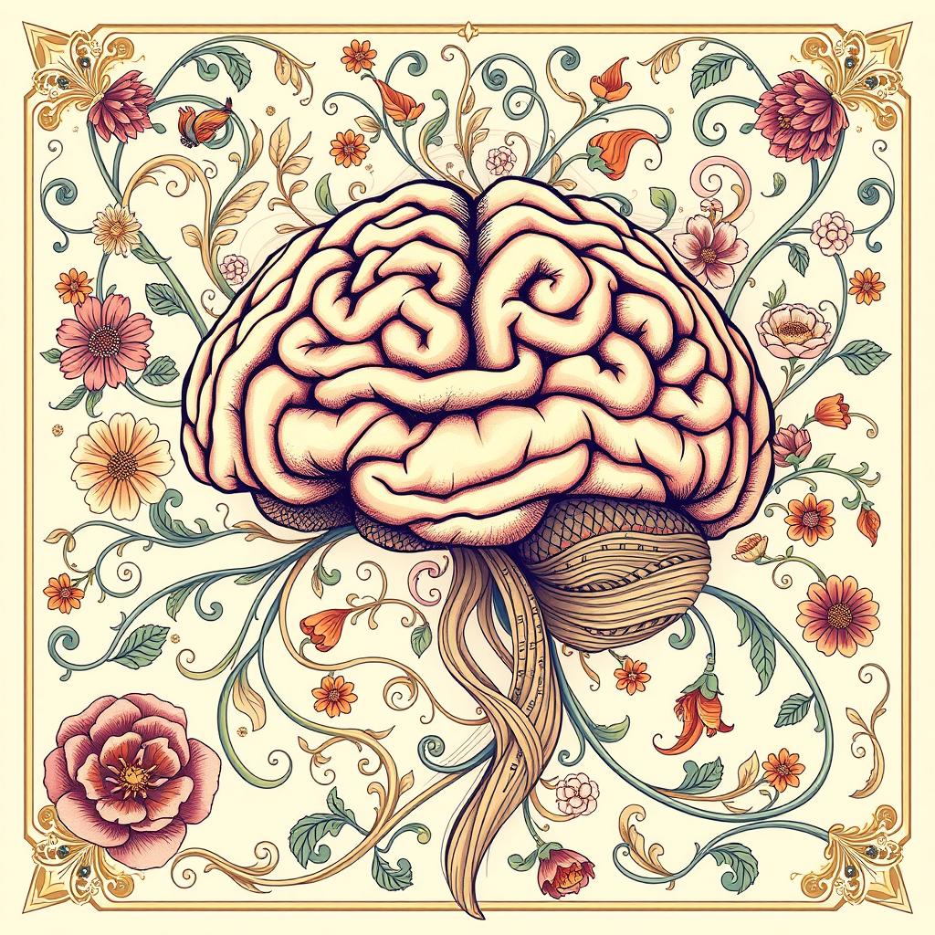 An intricate Art Nouveau style illustration of a brain that creatively symbolizes ADHD