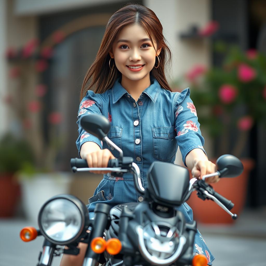 A beautiful Korean woman wearing a floral patterned denim dress, riding a miniature version of a ninja motorcycle