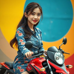 A beautiful Korean woman wearing a floral patterned denim dress, riding a miniature version of a ninja motorcycle