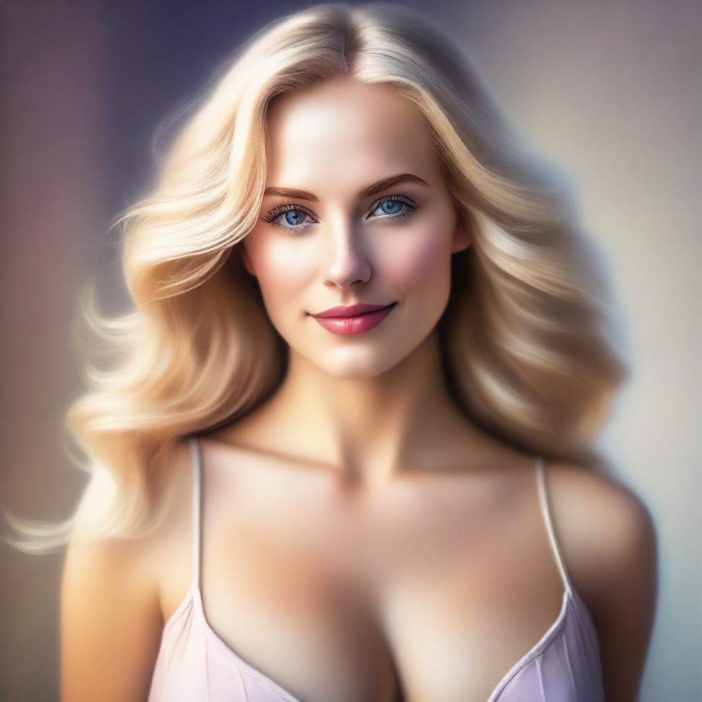 A high-quality digital art portrait of a beautiful woman with blonde hair and a busty figure