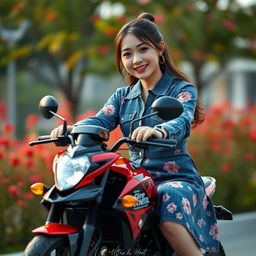 A beautiful Korean woman wearing a floral patterned denim dress, riding a miniature version of a ninja motorcycle