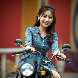 A beautiful Korean woman wearing a floral patterned denim dress, riding a miniature version of a ninja motorcycle