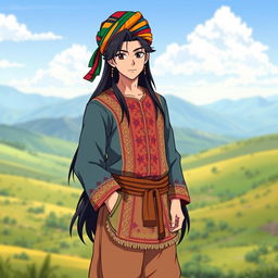 A male anime character dressed in traditional Balochi clothing, showcasing a vibrant and intricate outfit