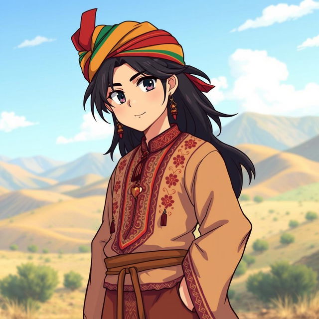 A male anime character dressed in traditional Balochi clothing, showcasing a vibrant and intricate outfit