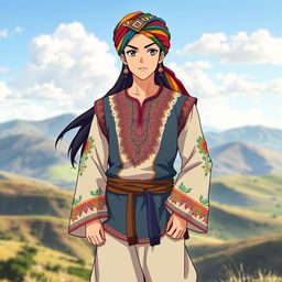 A male anime character dressed in traditional Balochi clothing, showcasing a vibrant and intricate outfit