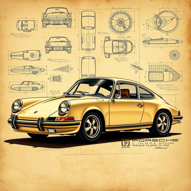 A stunning classic Porsche 911 car illustrated in the style of Leonardo da Vinci, showcasing detailed technical drawings and sketches that highlight the car's elegant lines and intricate mechanics