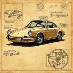 A stunning classic Porsche 911 car illustrated in the style of Leonardo da Vinci, showcasing detailed technical drawings and sketches that highlight the car's elegant lines and intricate mechanics