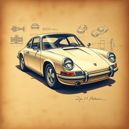 A stunning classic Porsche 911 car illustrated in the style of Leonardo da Vinci, showcasing detailed technical drawings and sketches that highlight the car's elegant lines and intricate mechanics