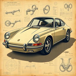 A stunning classic Porsche 911 car illustrated in the style of Leonardo da Vinci, showcasing detailed technical drawings and sketches that highlight the car's elegant lines and intricate mechanics