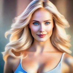 A high-quality digital art portrait of a beautiful woman with blonde hair and a busty figure